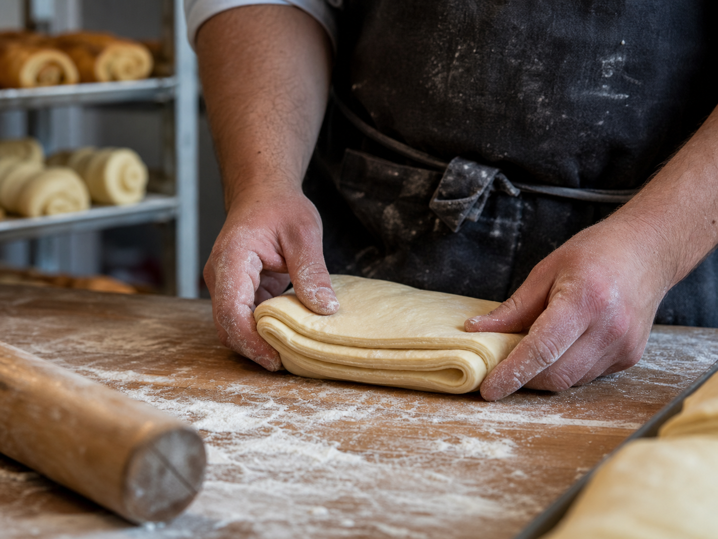 Baker folding laminated croissant dough by hand