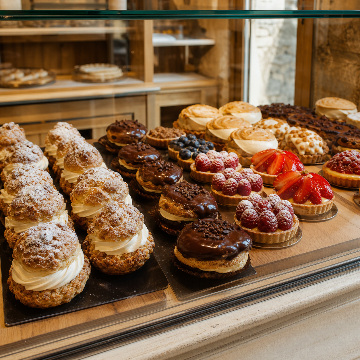 Cream puffs and fruit tarts arranged in a pastry case