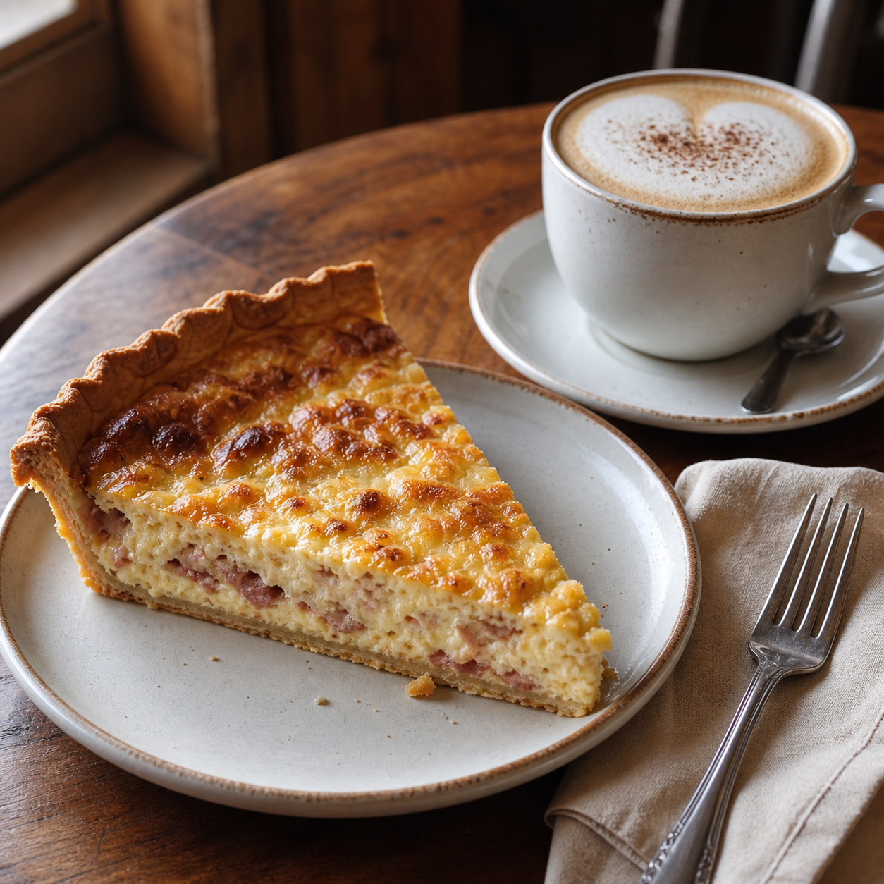 Slice of quiche Lorraine served with cappuccino